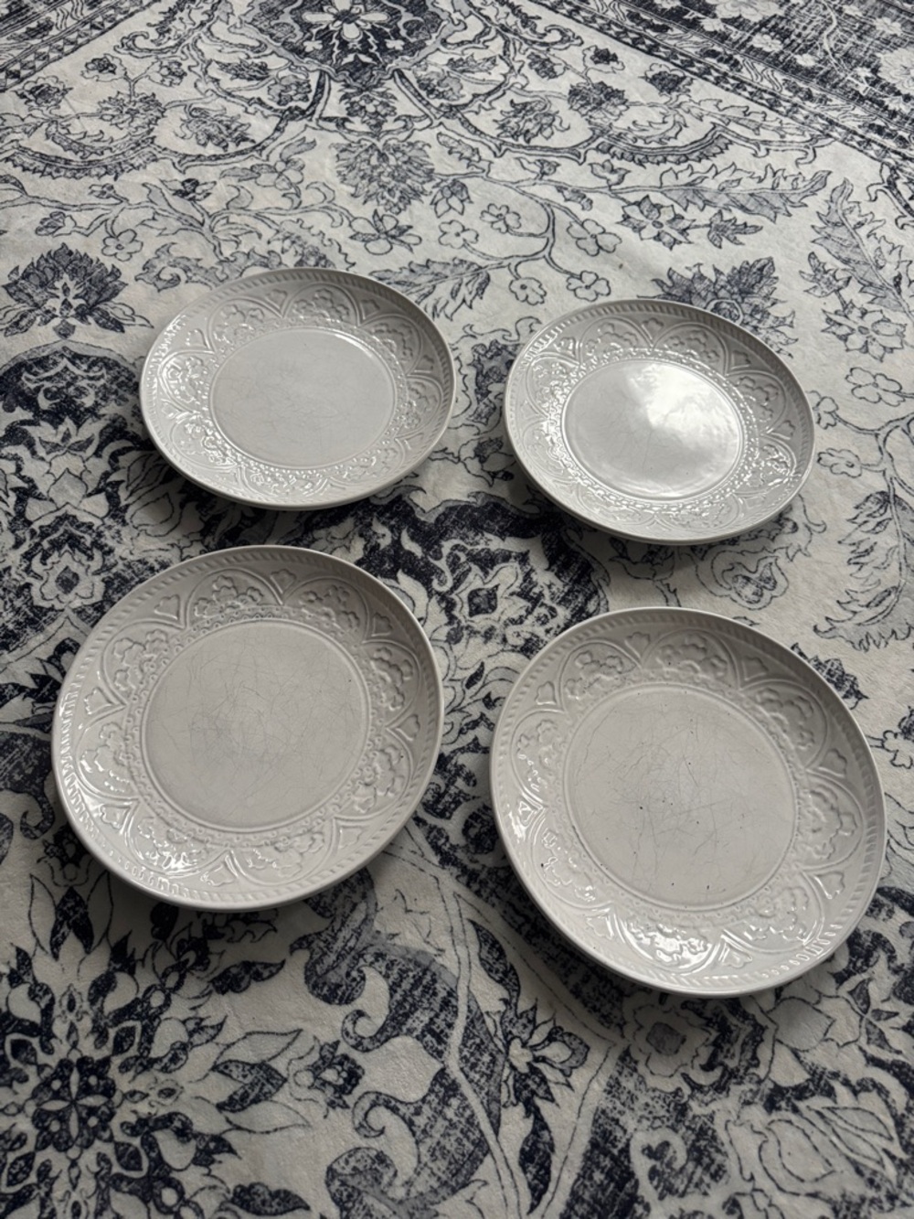 Gibson Embossed White Ceramic Dinner Plates - Set of 4